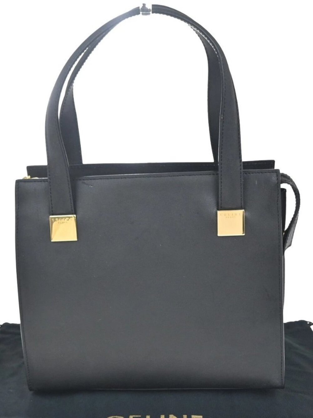CELINE Logo Shoulder Hand Tote Bag Leather Black GHW Italy 30KC715